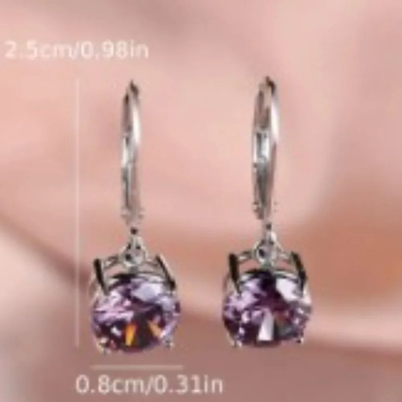 Sterling 925 Silver Plated, Pink Zircon Round Dangle Earrings - Hypoallergenic - Picture 3 of 4